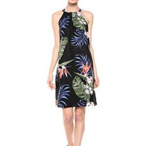 Linen Halter Hawaiian Print Shift Dress